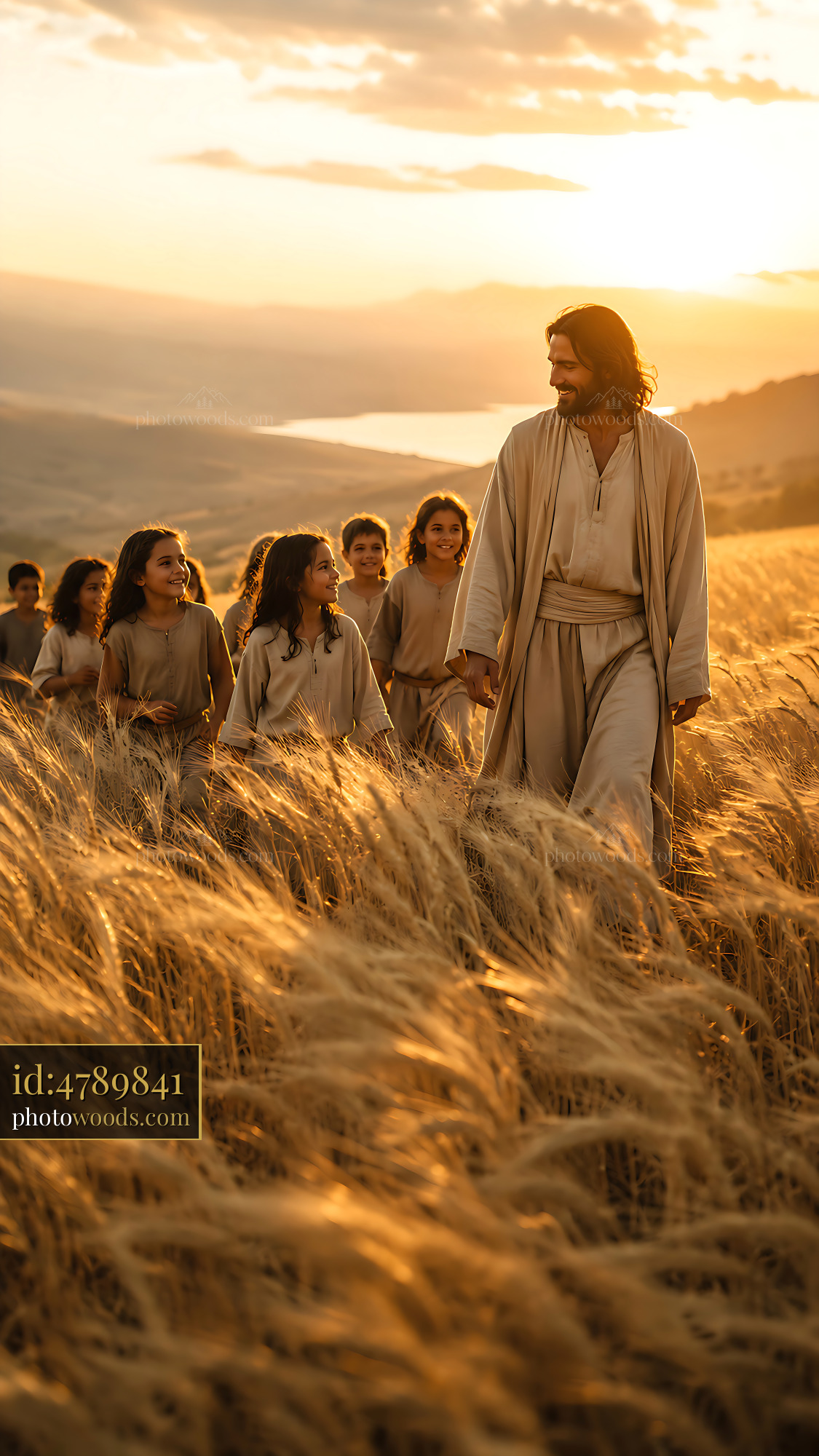 Man Walks With Children Through Golden Wheat Field at Sunset