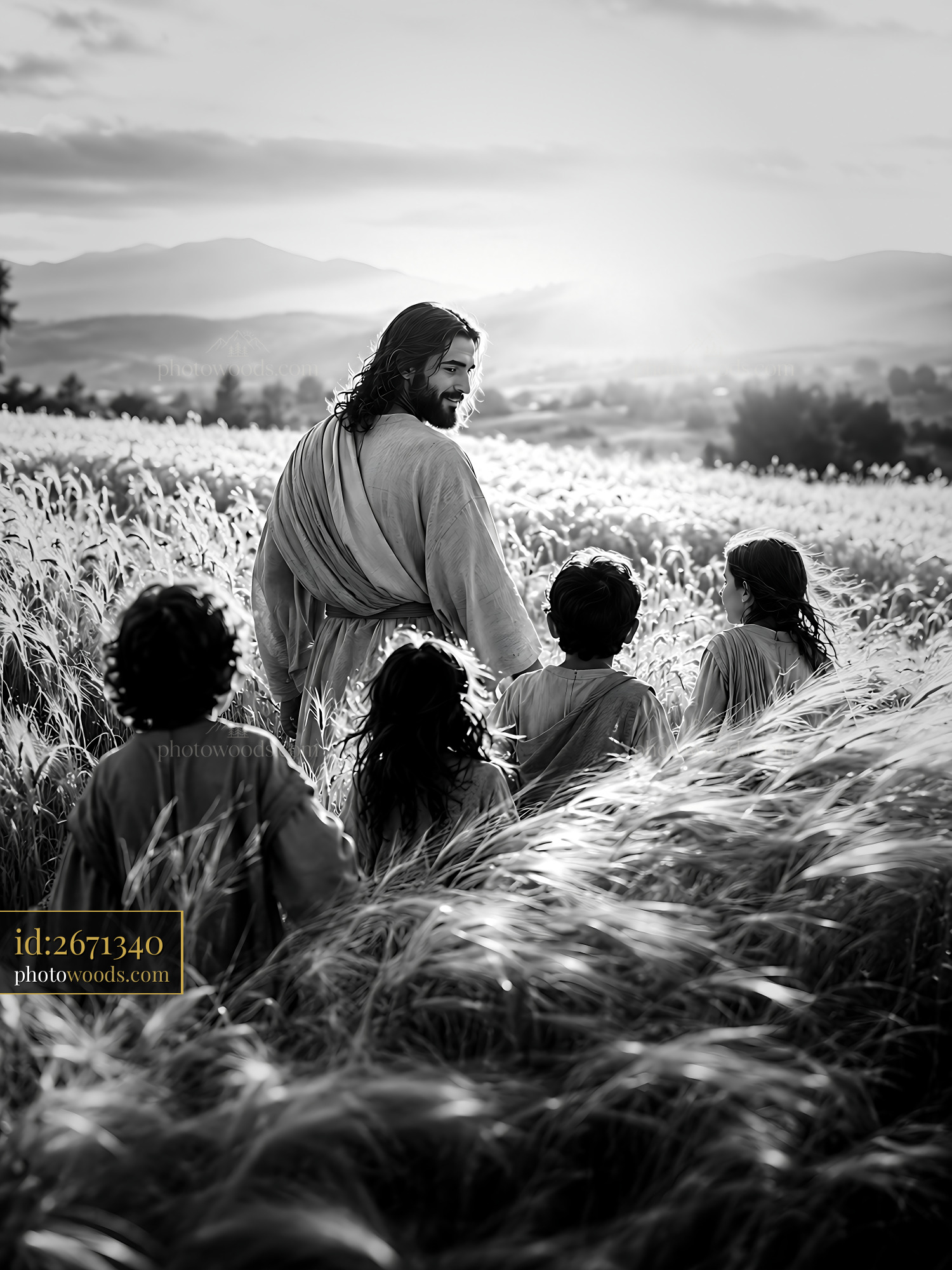 Man Walks With Children Through a Field During Golden Hour