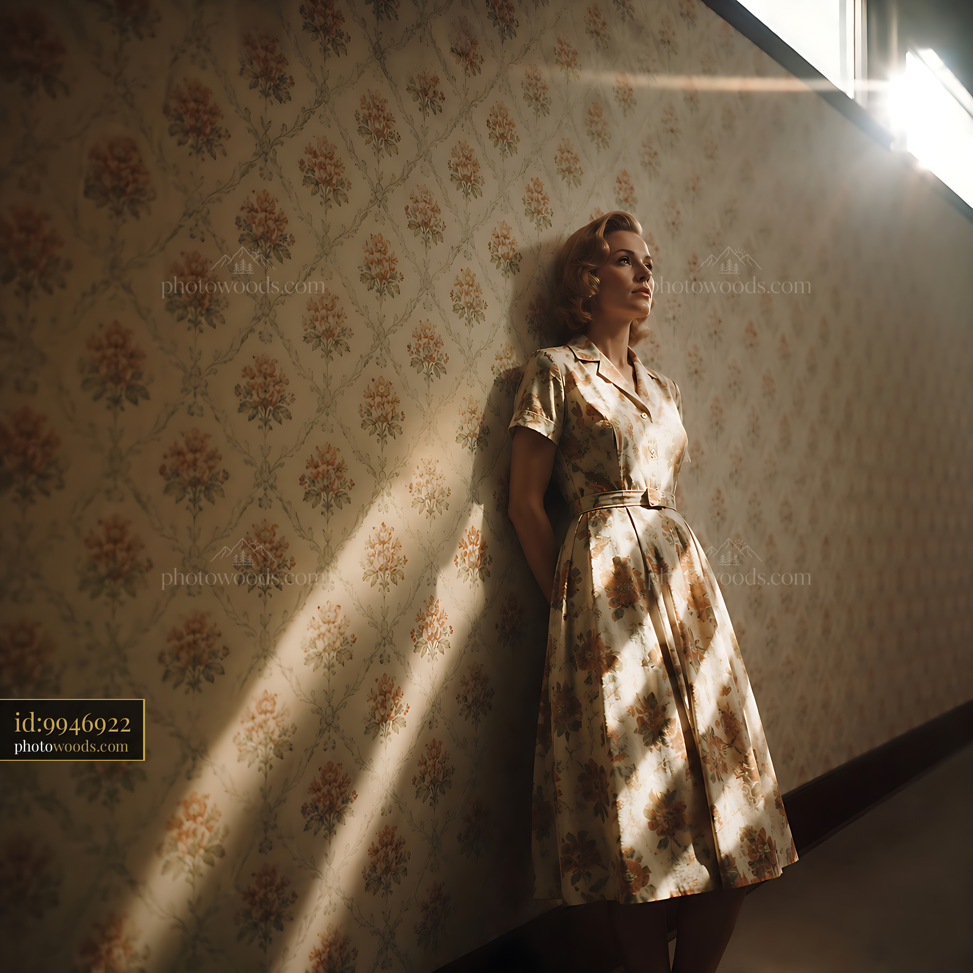Woman in Vintage Dress Standing Against Patterned Wall
