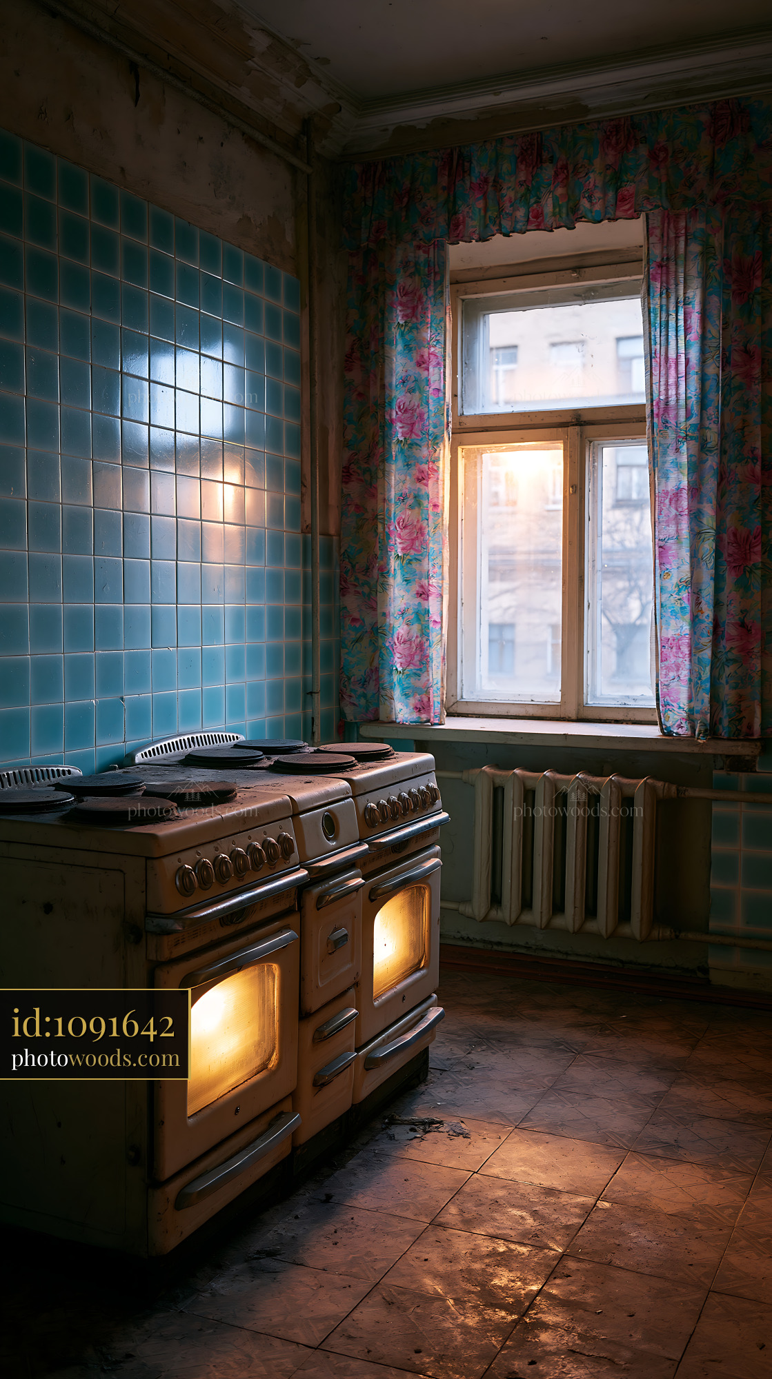 Old Stoves in a Grimy Communal Kitchen With Blue Tiled Walls