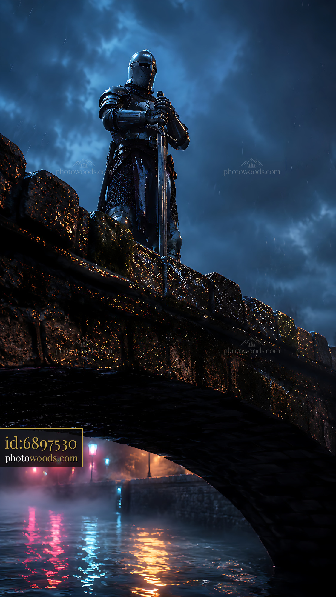 Knight Stands on Bridge During Rain at Night With Lights Reflecting