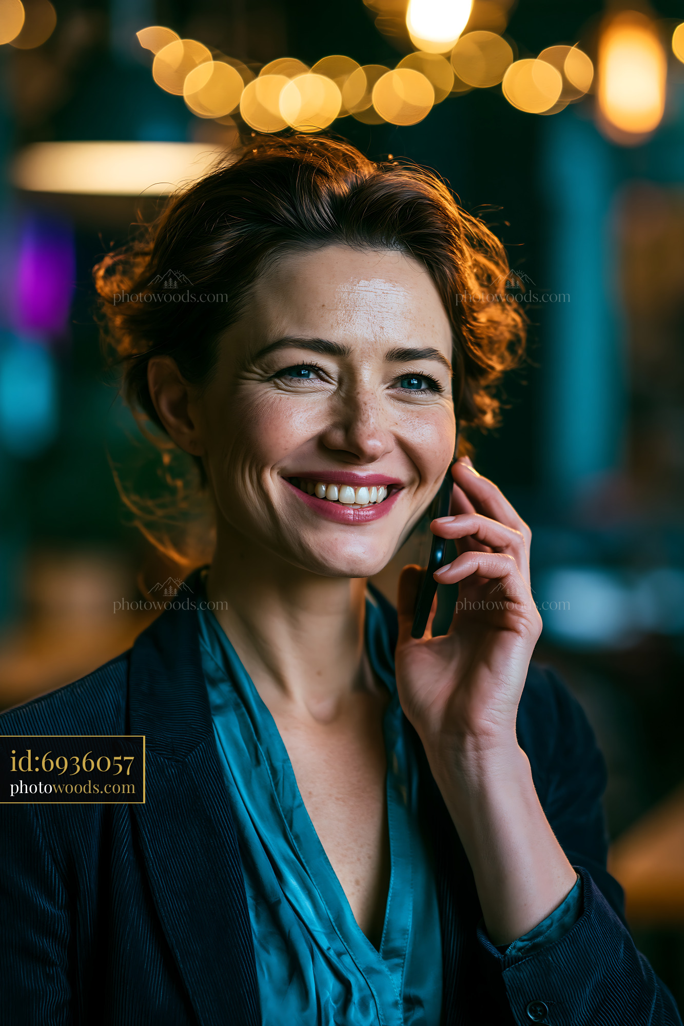 Woman Smiling While Talking on Phone in Indoor Setting With Lights
