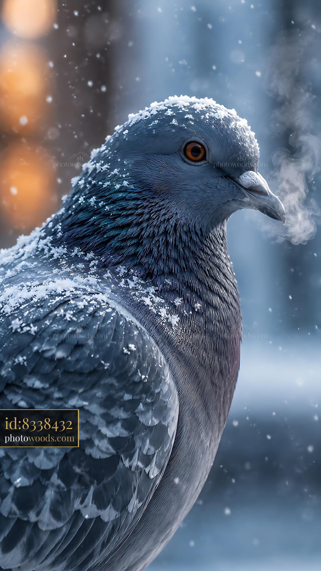 Pigeon Stands Still in Snow With Small Breath Cloud Forming