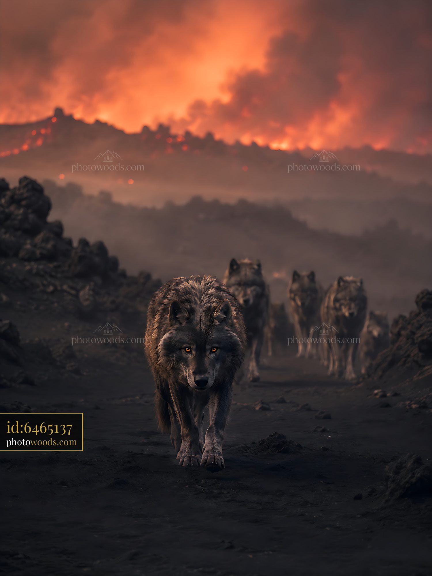 Wolves Walk Toward a Burning Landscape With Smoke and Fire
