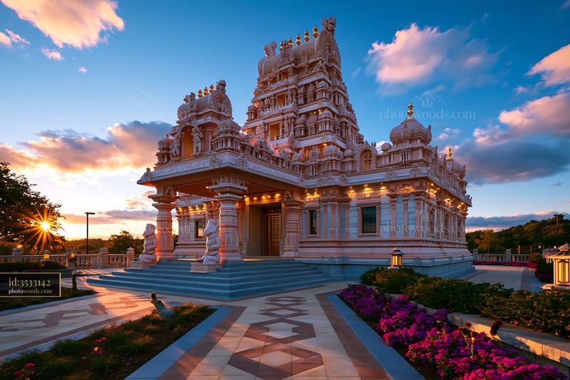 Hindu temple with intricate architecture at sunset