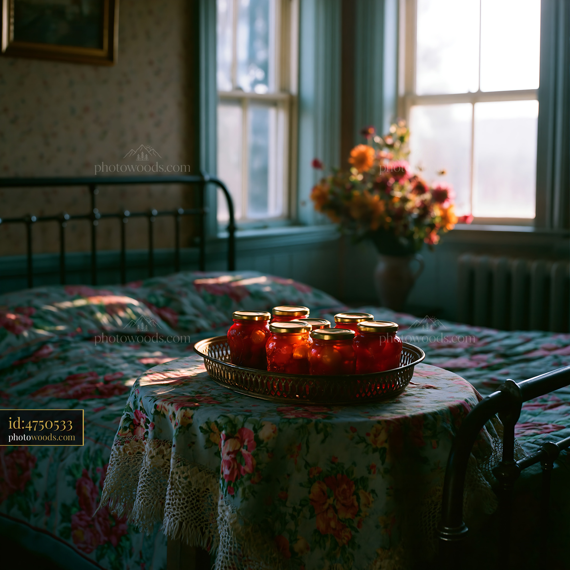 Rural Bedroom With Iron Frame Bed and Jars on Table at Sunset