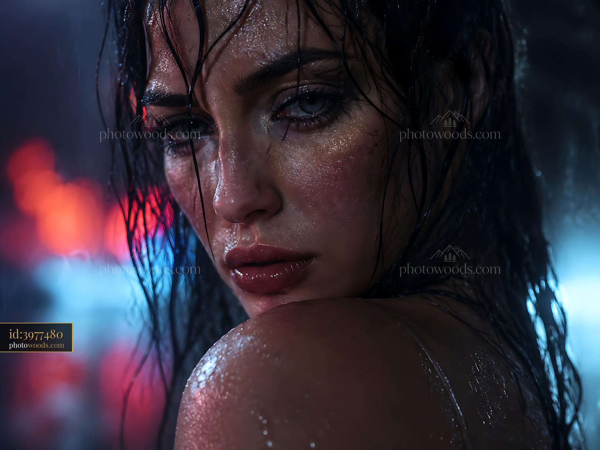 Woman With Wet Hair Facing Camera in Urban Night Setting