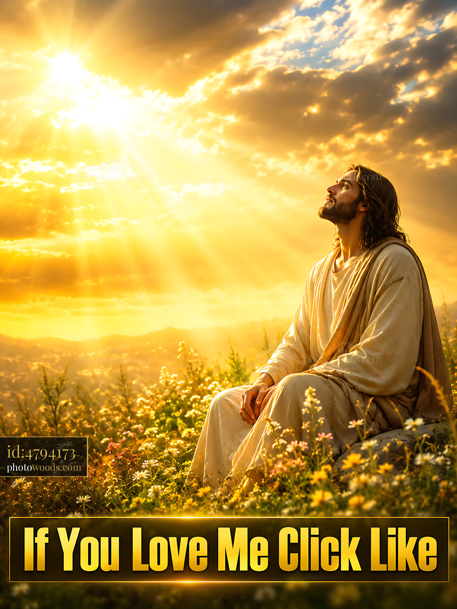 Jesus Sits in Sunlight Among Flowers With Hands Raised in Prayer