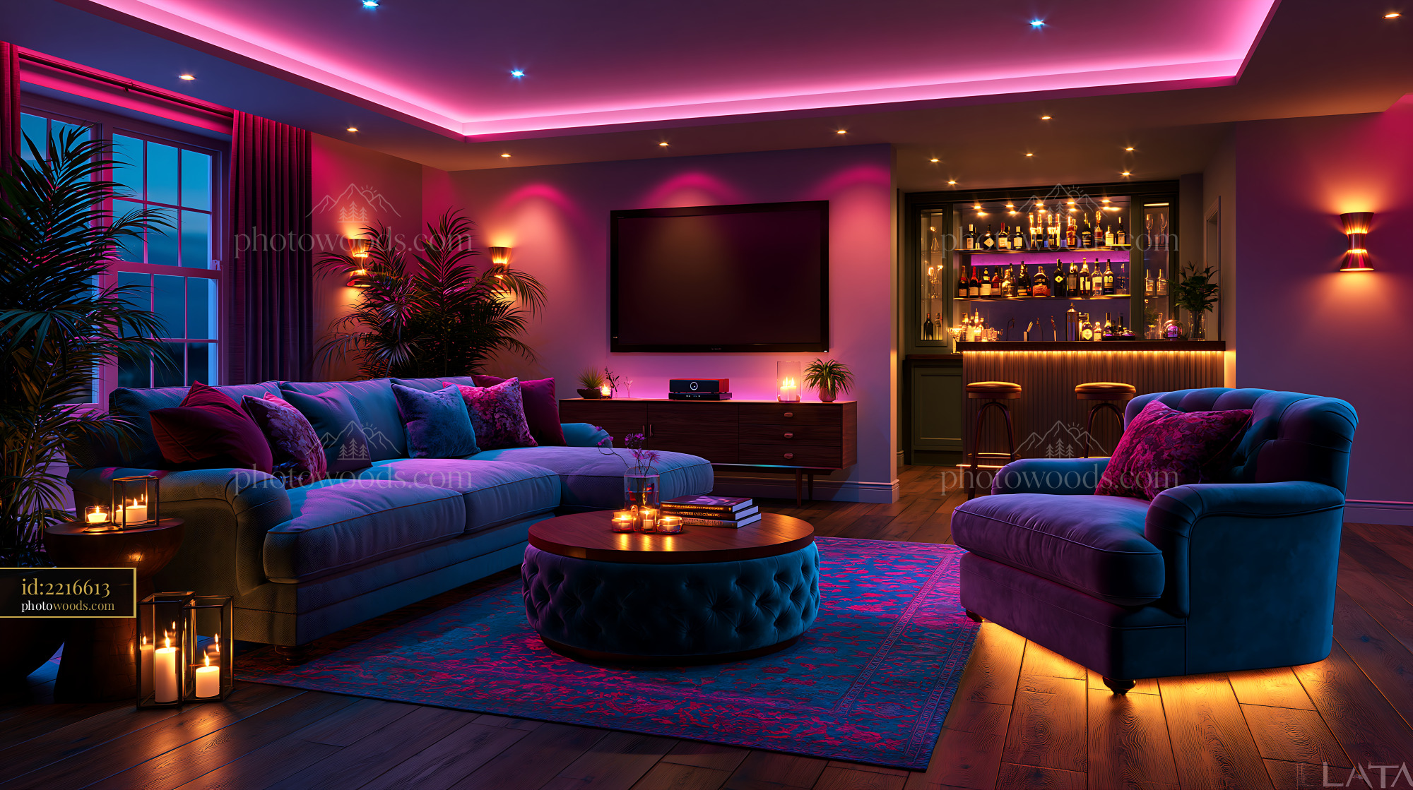 Glamorous Lounge With Champagne Bar and Vibrant Lighting
