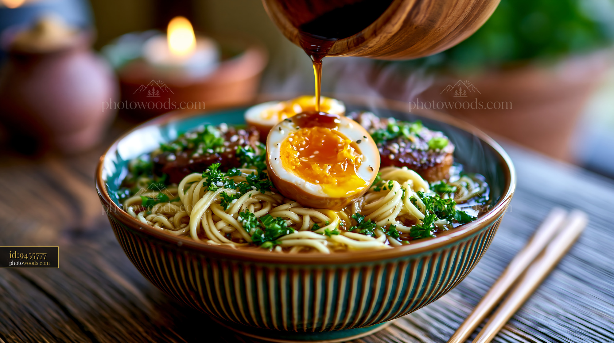 Ramen Bowl With Soft Egg and Chashu Topped With Sauce