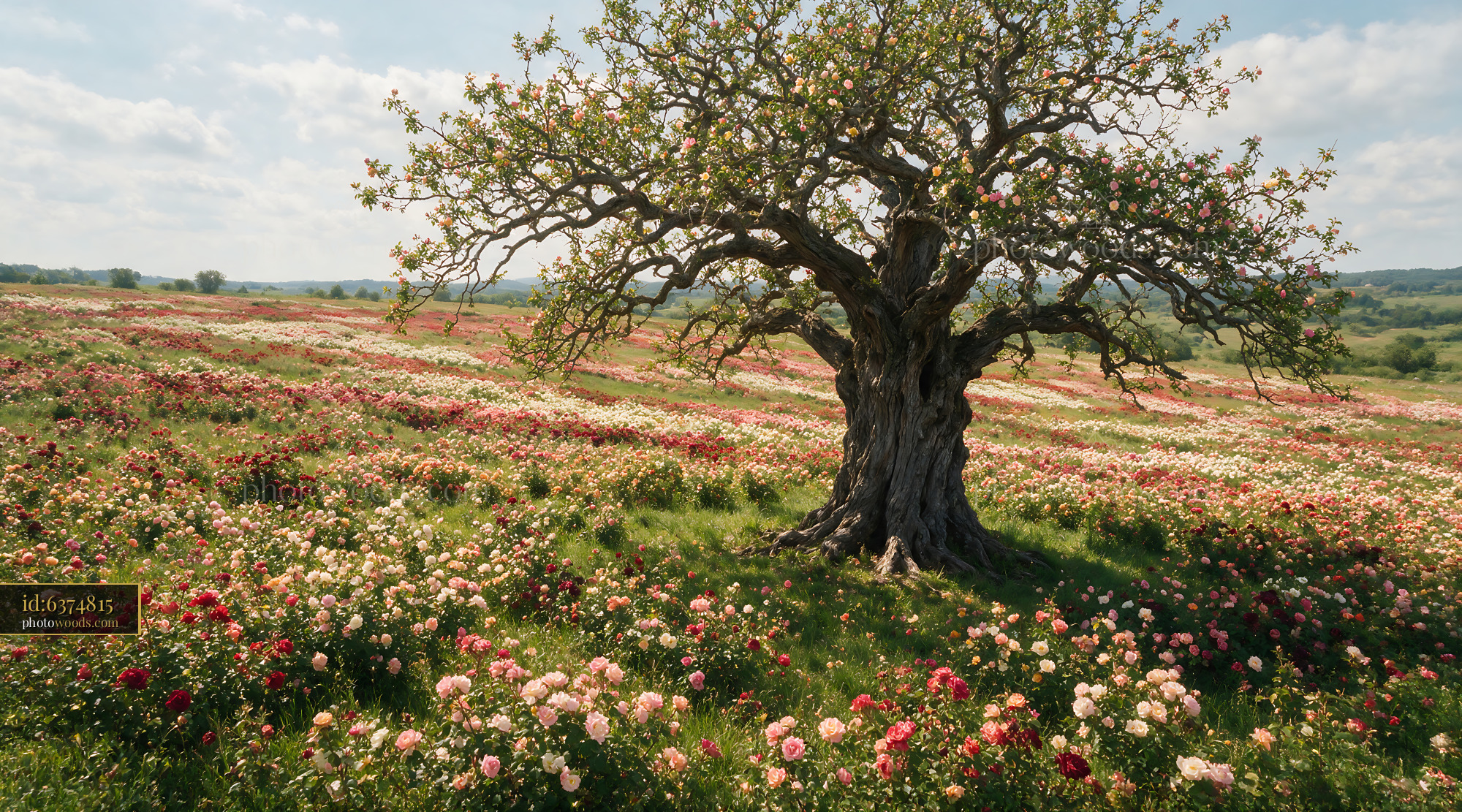 Flowering Tree With Roses in a Lush Green Field