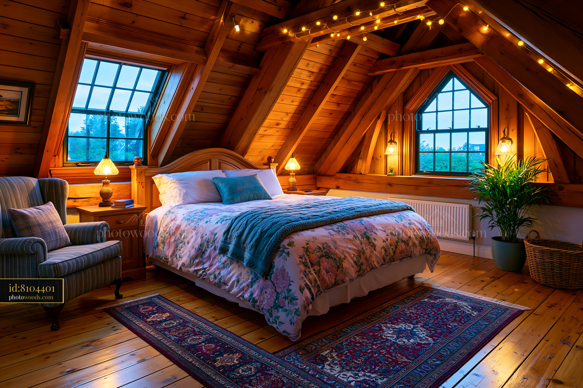 Cozy Attic Master Suite With Exposed Beams and Warm Lighting
