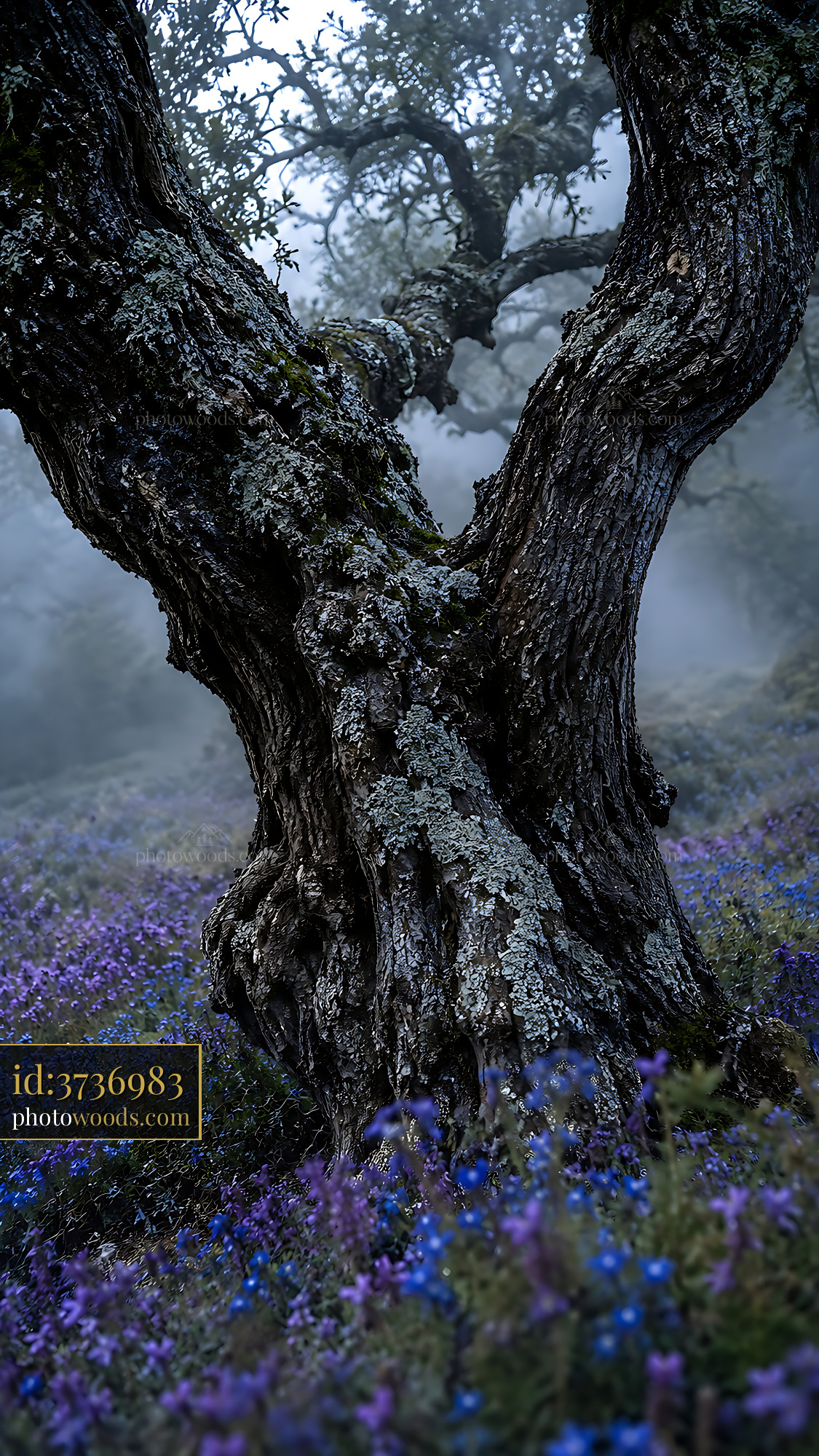 Tree Stands in Fog With Flowers Surrounding It in the Forest