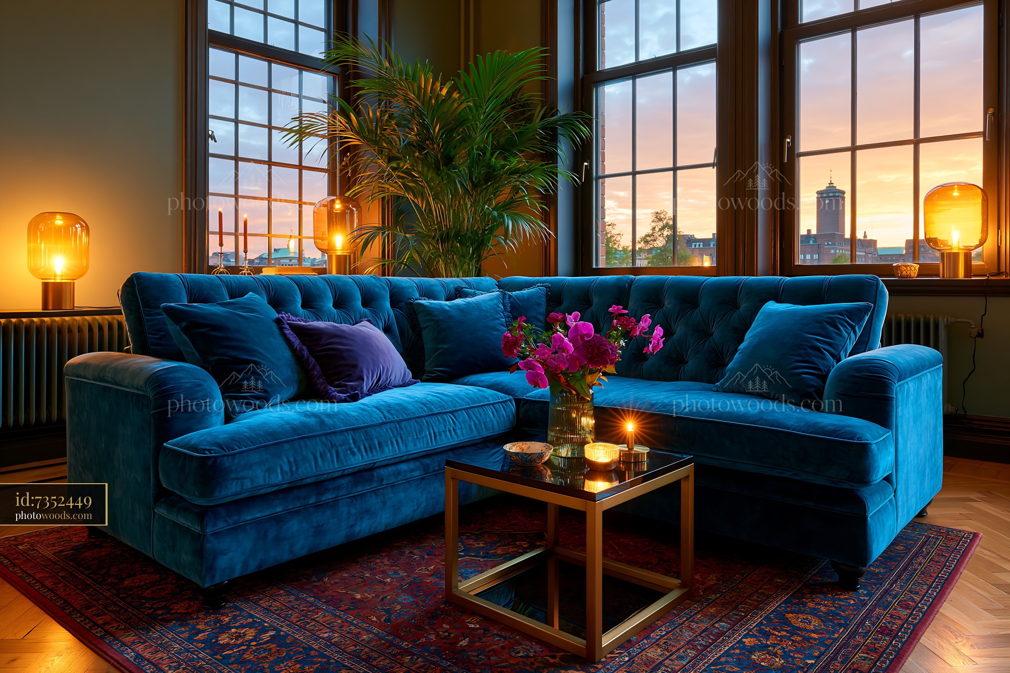 Minimalist Living Space With Blue Velvet Sofa and Sunset View