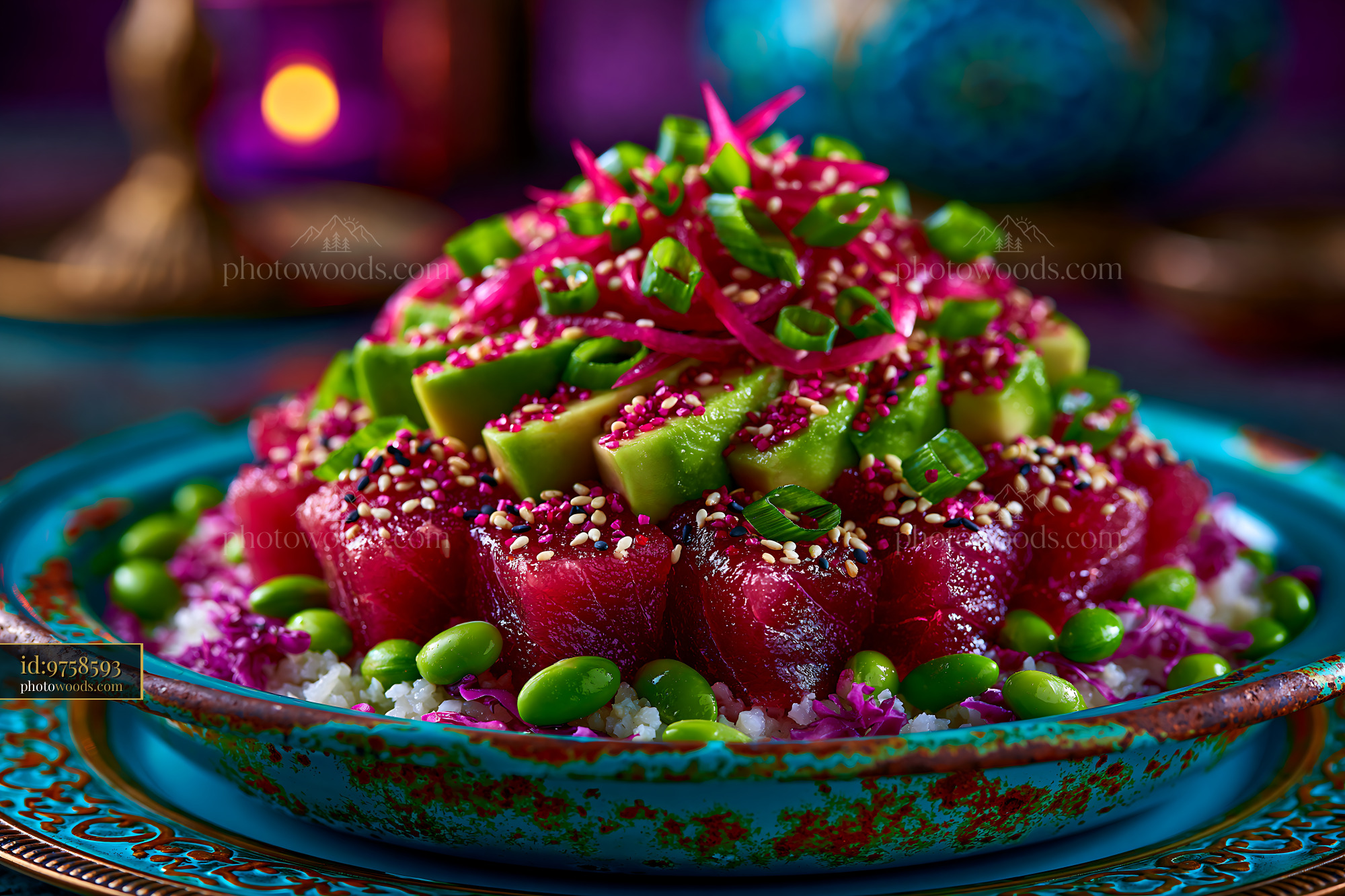 Colorful Poke Bowl With Tuna Avocado and Edamame
