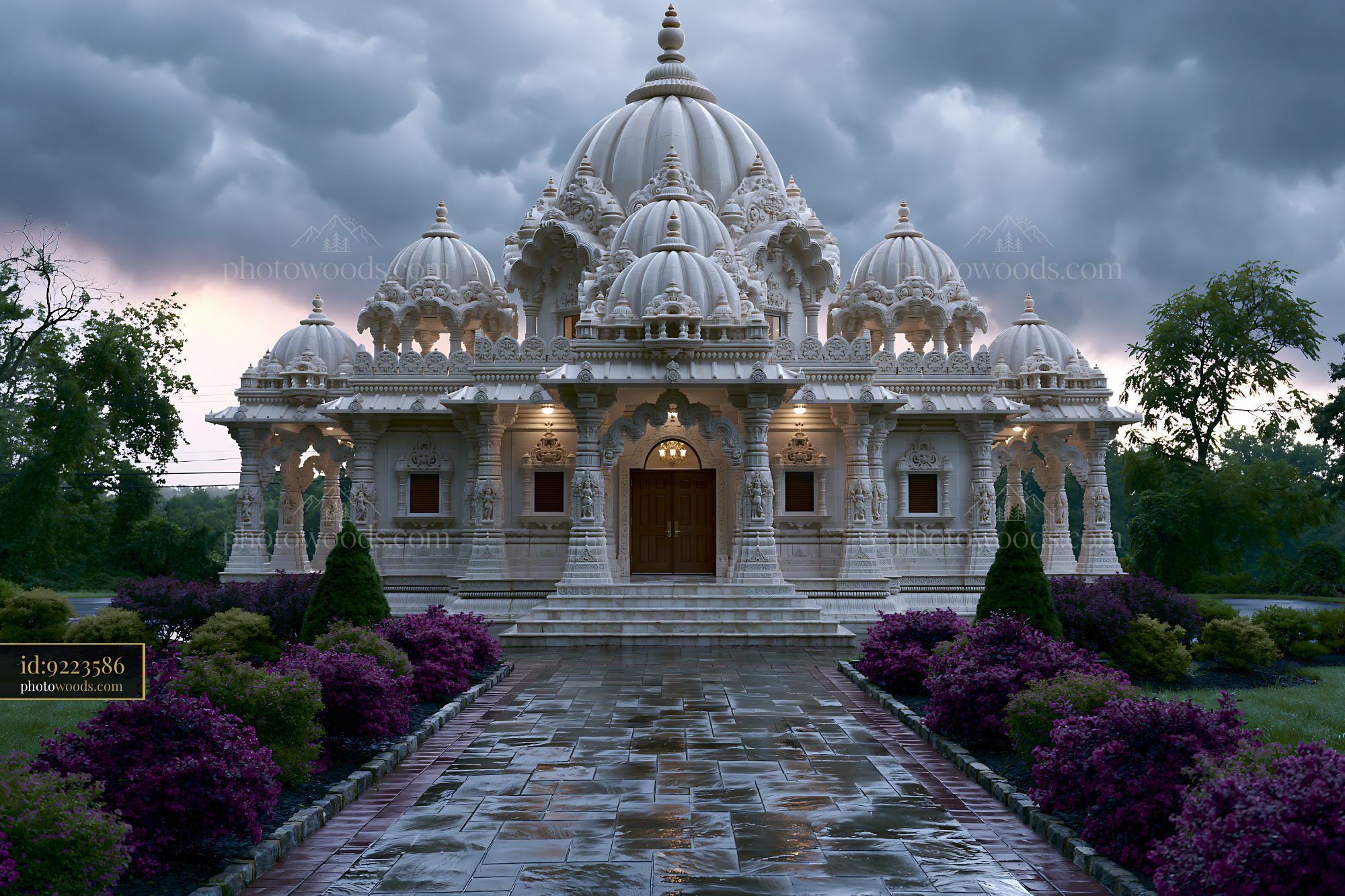 Jain Temple in Cloudy Weather With Purple Flowers