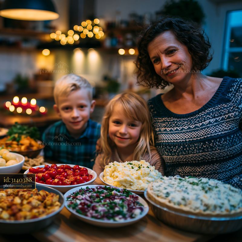 Family Preparing Traditional Festive Food Together in Cozy Setting