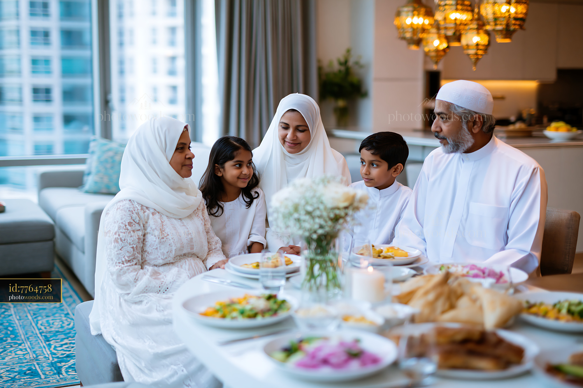 Family Sharing Iftar Dinner in Modern Apartment Setting
