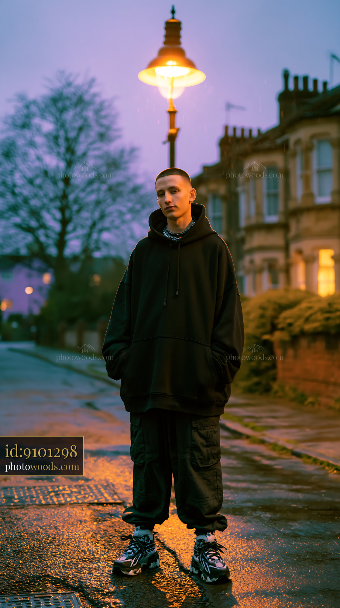 Confident Young Man in Oversized Black Hoodie at Street Lamp
