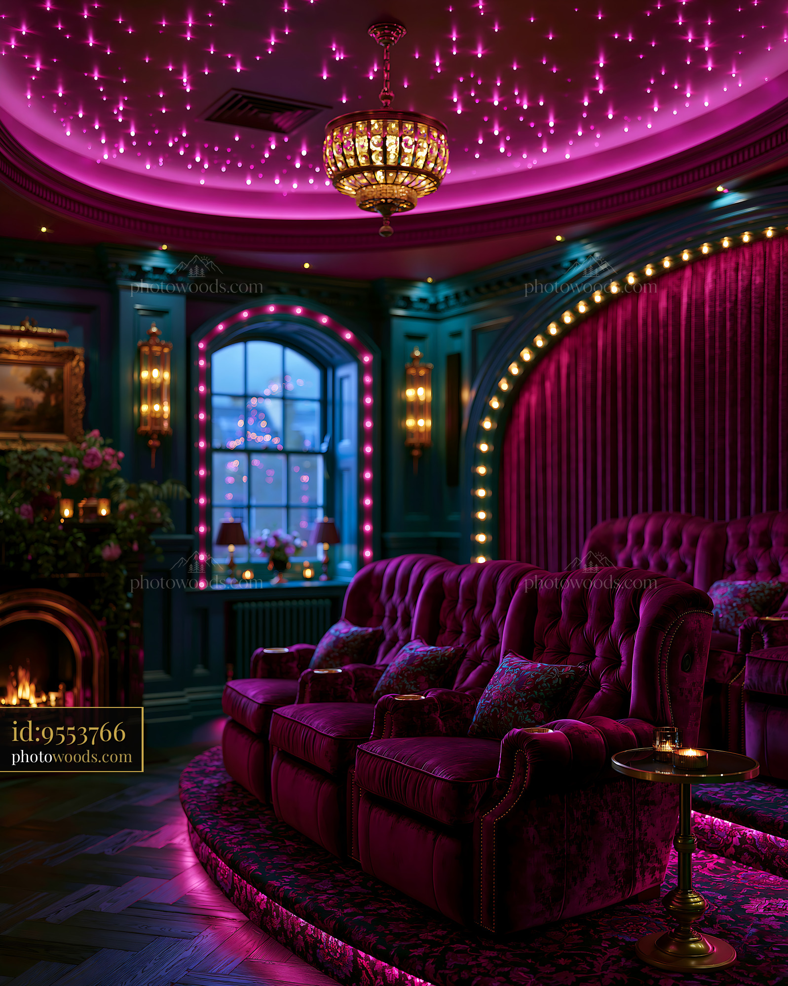 Luxury Basement Cinema With Purple Lights and Plush Seats