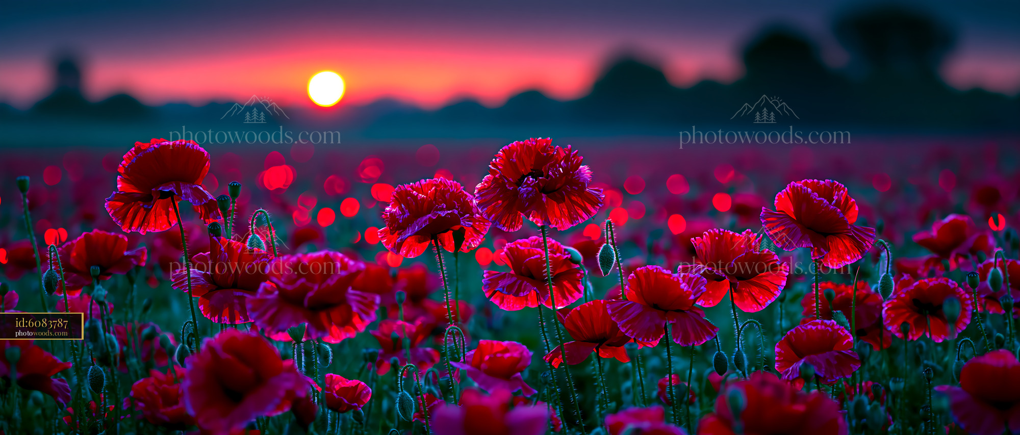 Poppies Bloom in a Field During Sunset With Colorful Lights