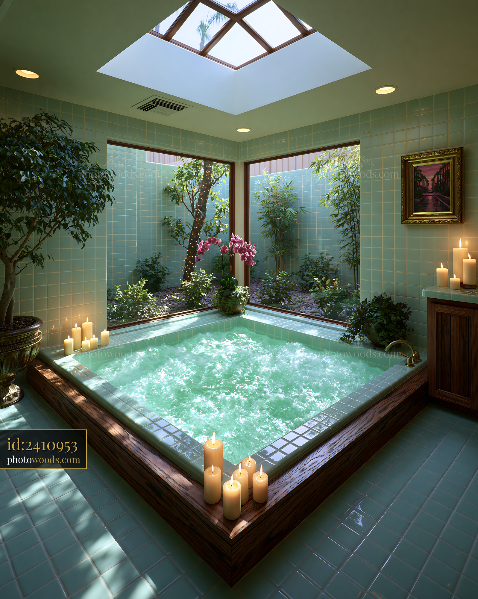 Modern Bathroom With Sunken Tub and Skylight in a Garden