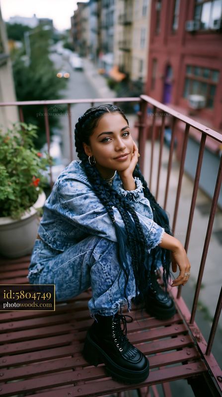 Model With Braided Hair in Acid Wash Outfit on City Balcony
