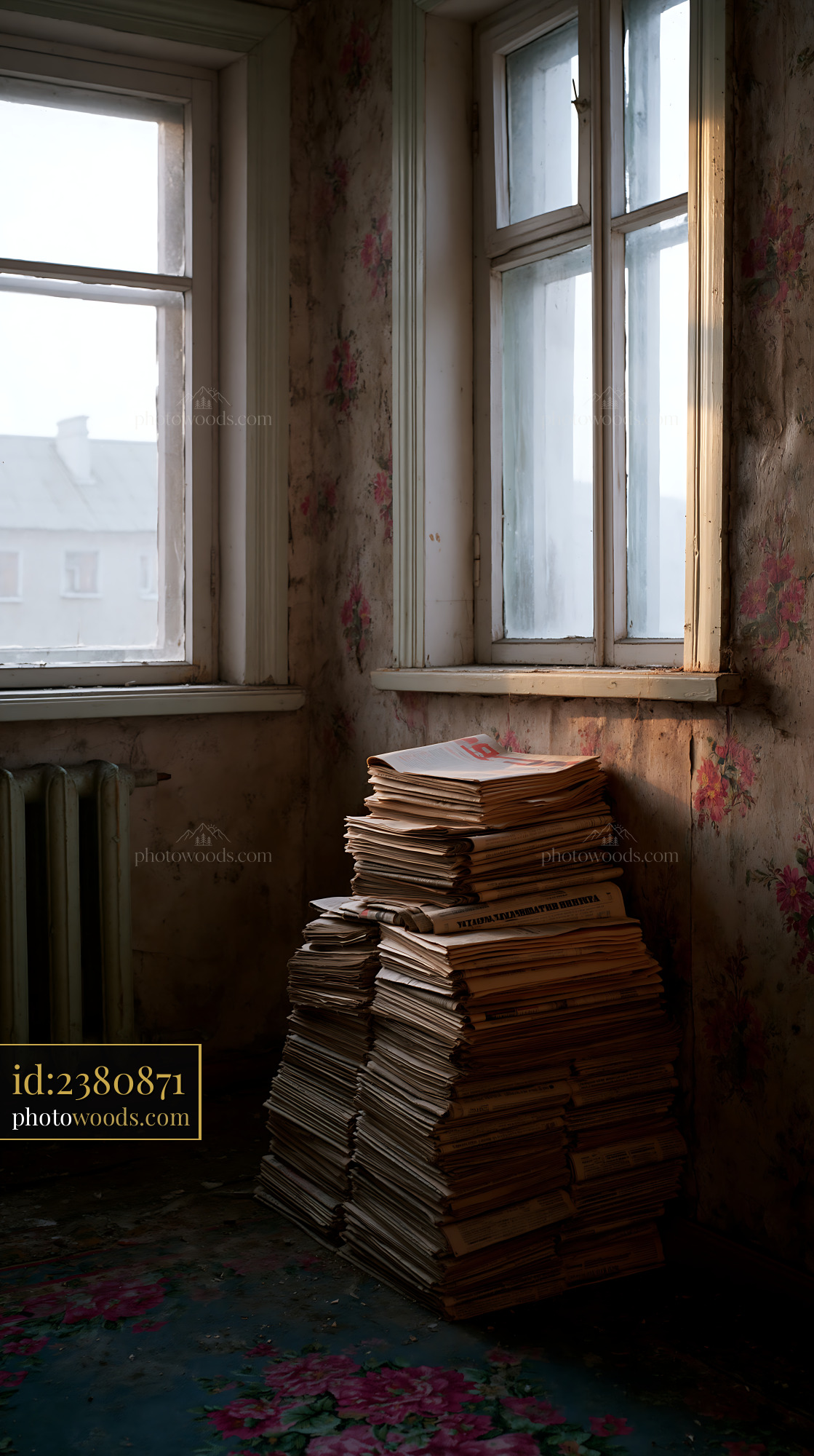 Crammed Living Room With Stacks of Papers and Light Coming Through