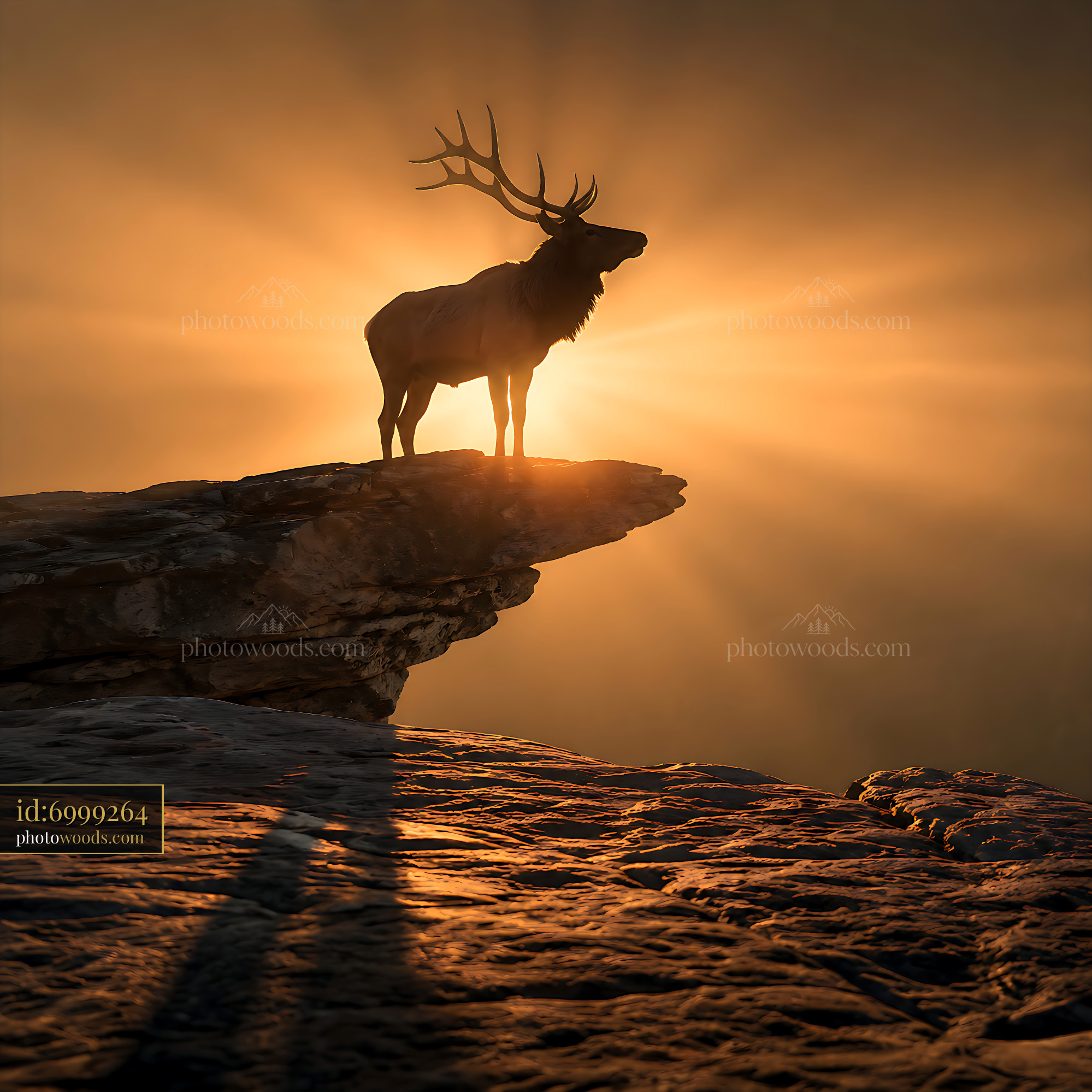 Elk Stands on Cliff Edge Against Sunset Background With Rays