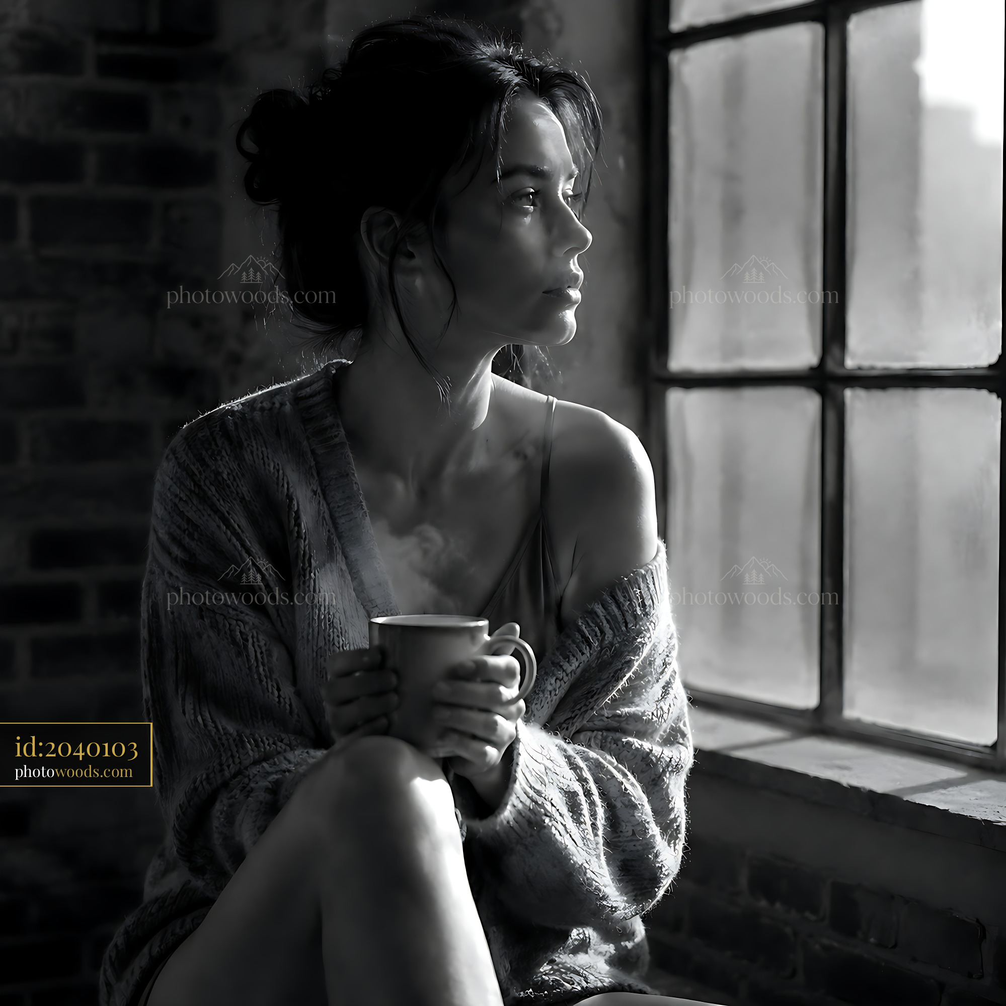 Woman Sitting by Window Holding Cup Looking Thoughtfully Outside