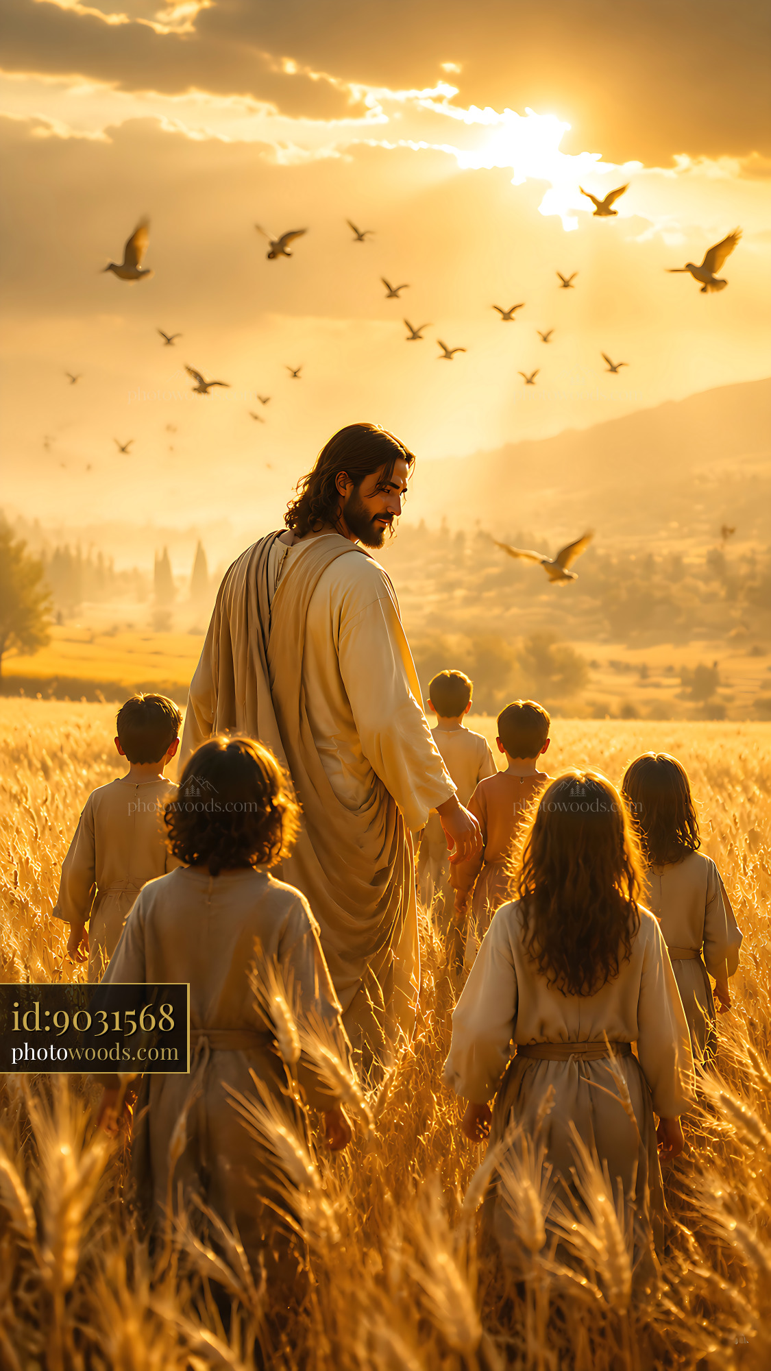 Jesus Walks With Children in a Wheat Field at Sunset