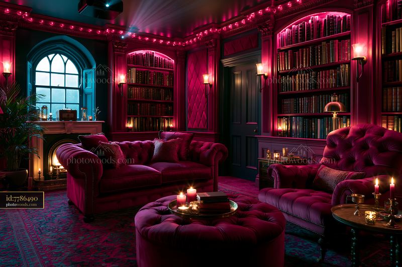 Dark Academia Basement Cinema With Bookshelves and Warm Lights
