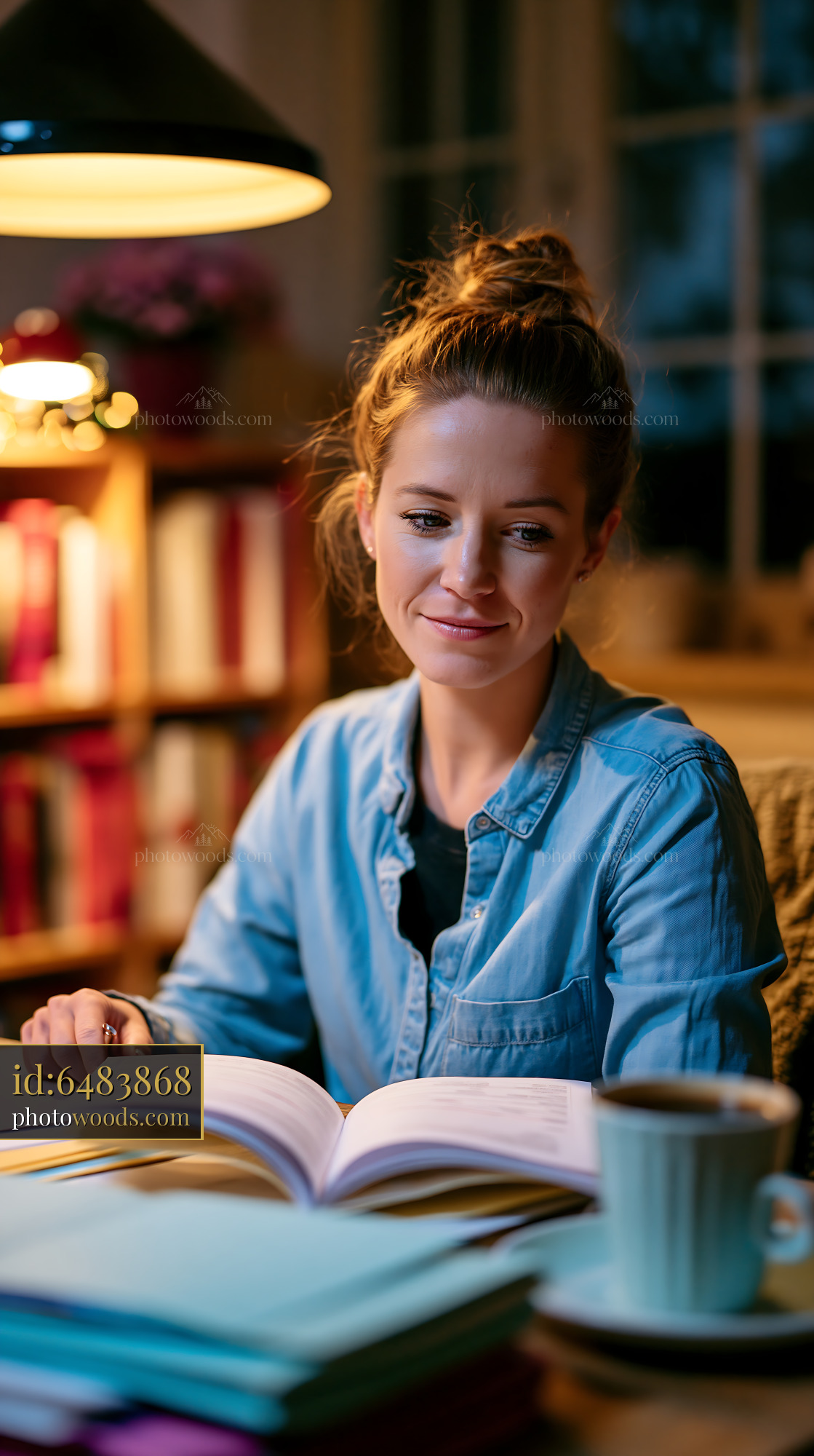 Woman Reviewing Utility Bill at Tidy Desk in Cozy Home Setting