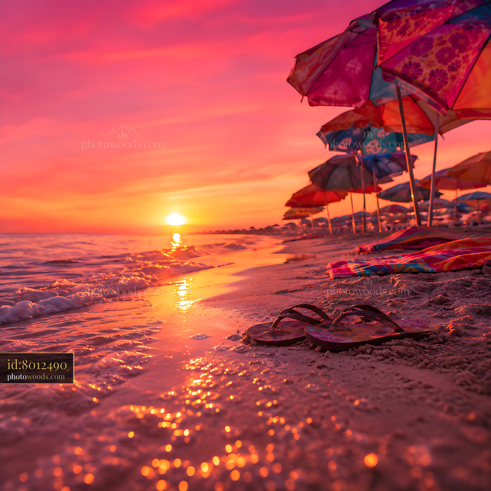 Beach Scene With Umbrellas and Flip Flops at Sunset on the Shore