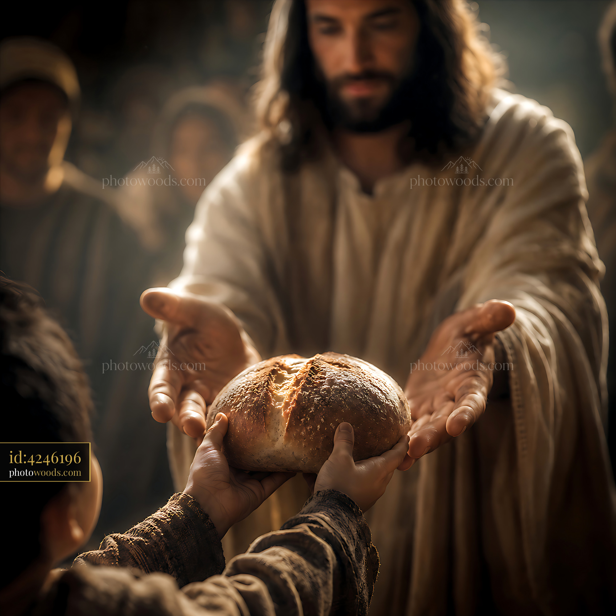 Man Gives Bread to Child During Gathering in Soft Light