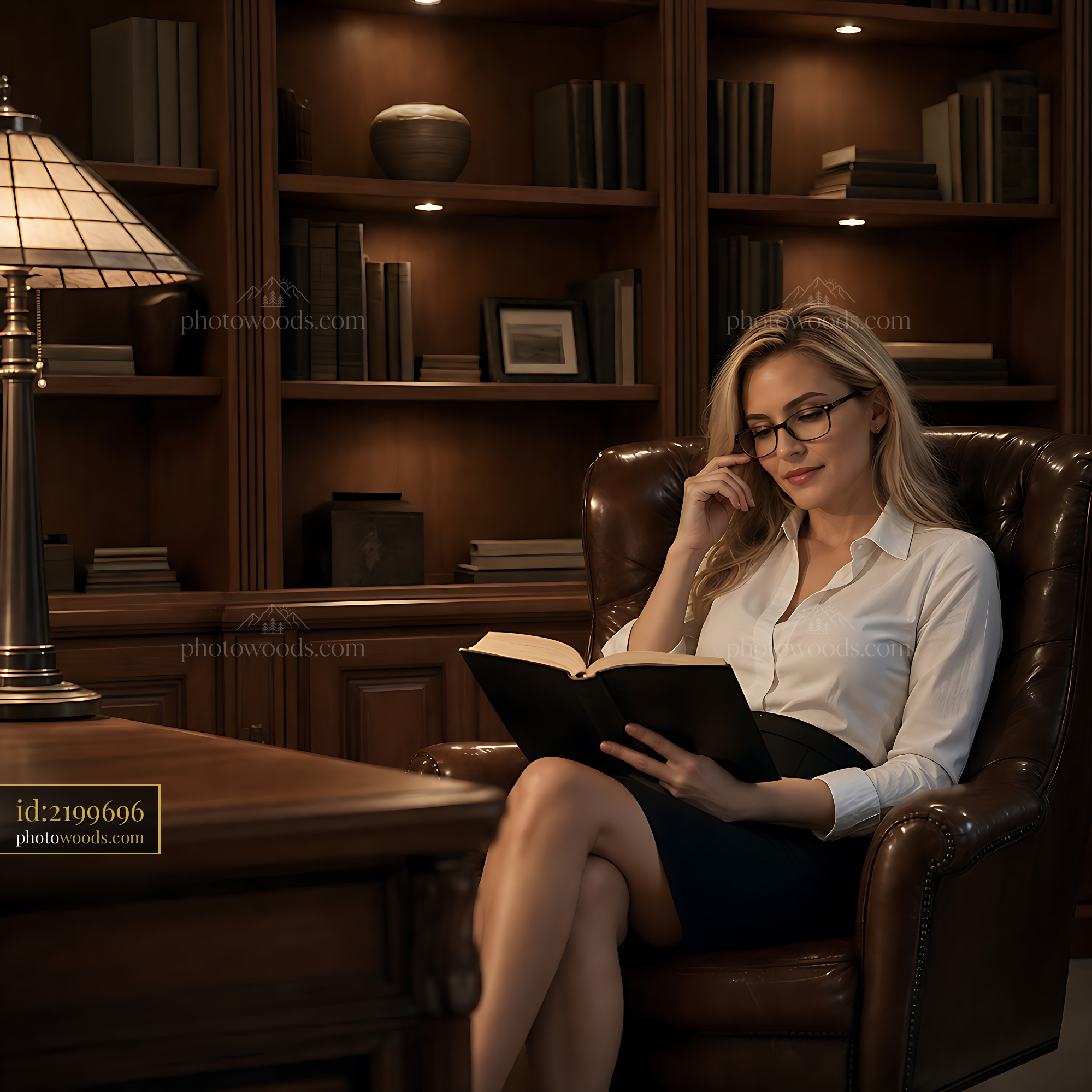 Woman Reading Book in Cozy Library Setting With Warm Light