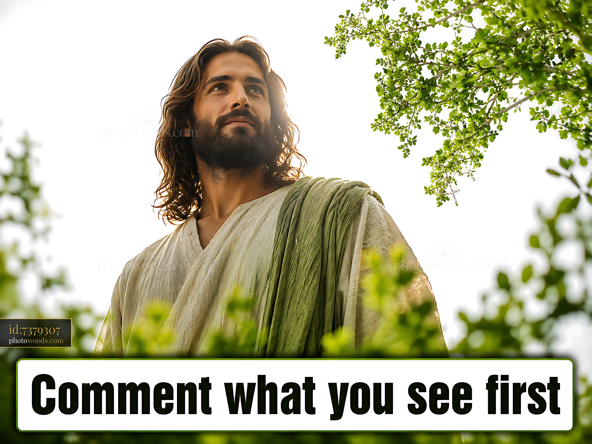 Man in a Light Robe Stands Among Green Leaves With Bright Light