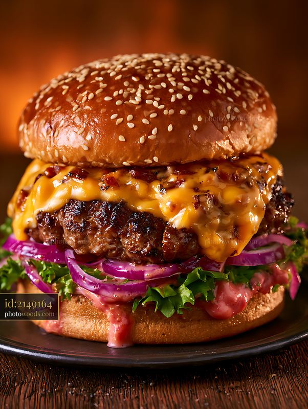 Gourmet cheeseburger with sesame bun and fresh toppings