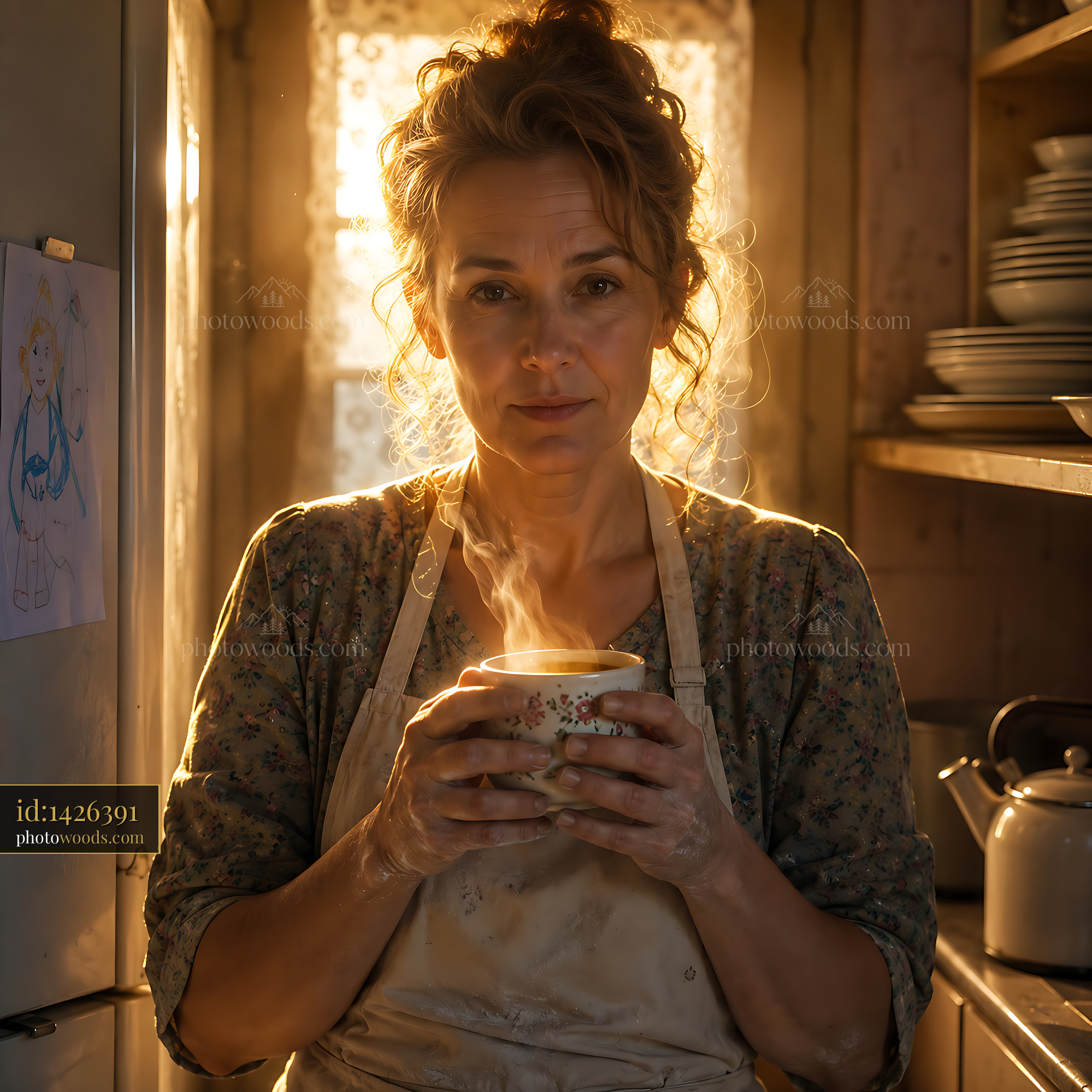 Woman Holding Steaming Cup in Kitchen, Warm Light Shines Through