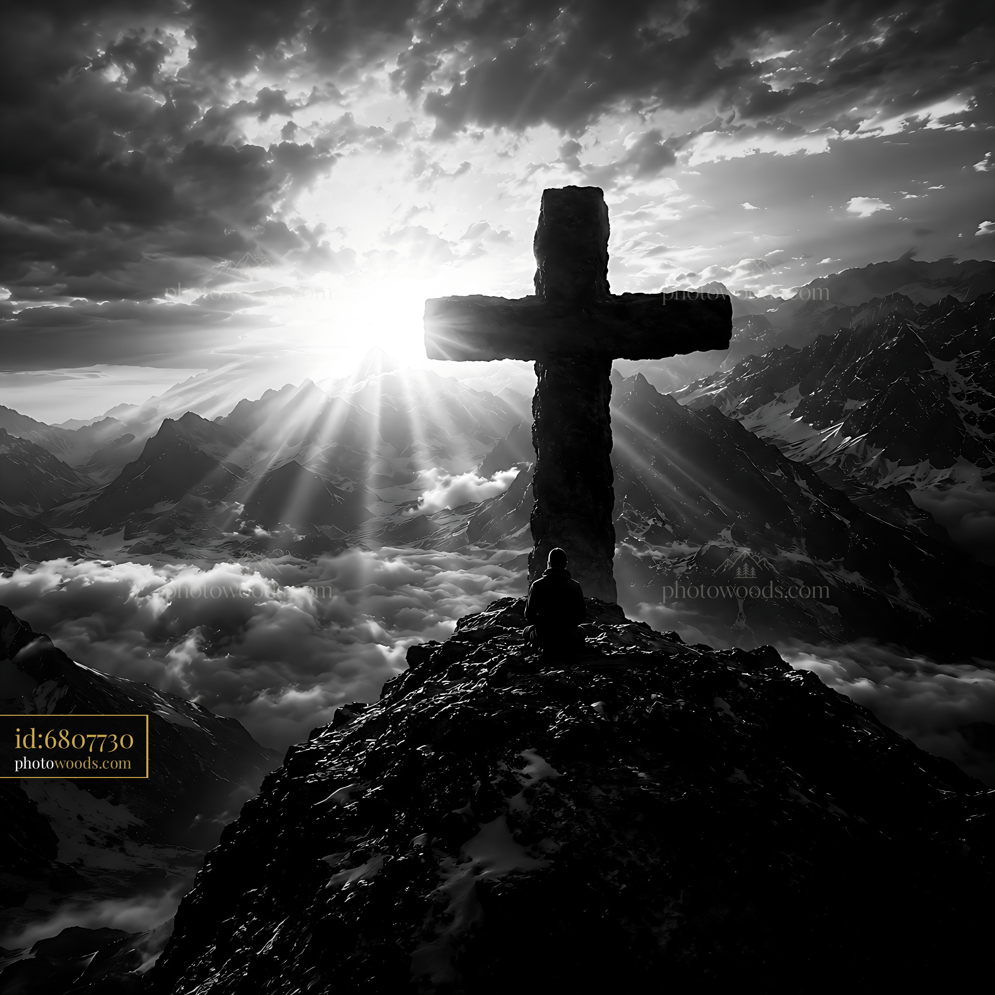 Cross Stands on Mountain Peak Overlooking Clouds and Sunset