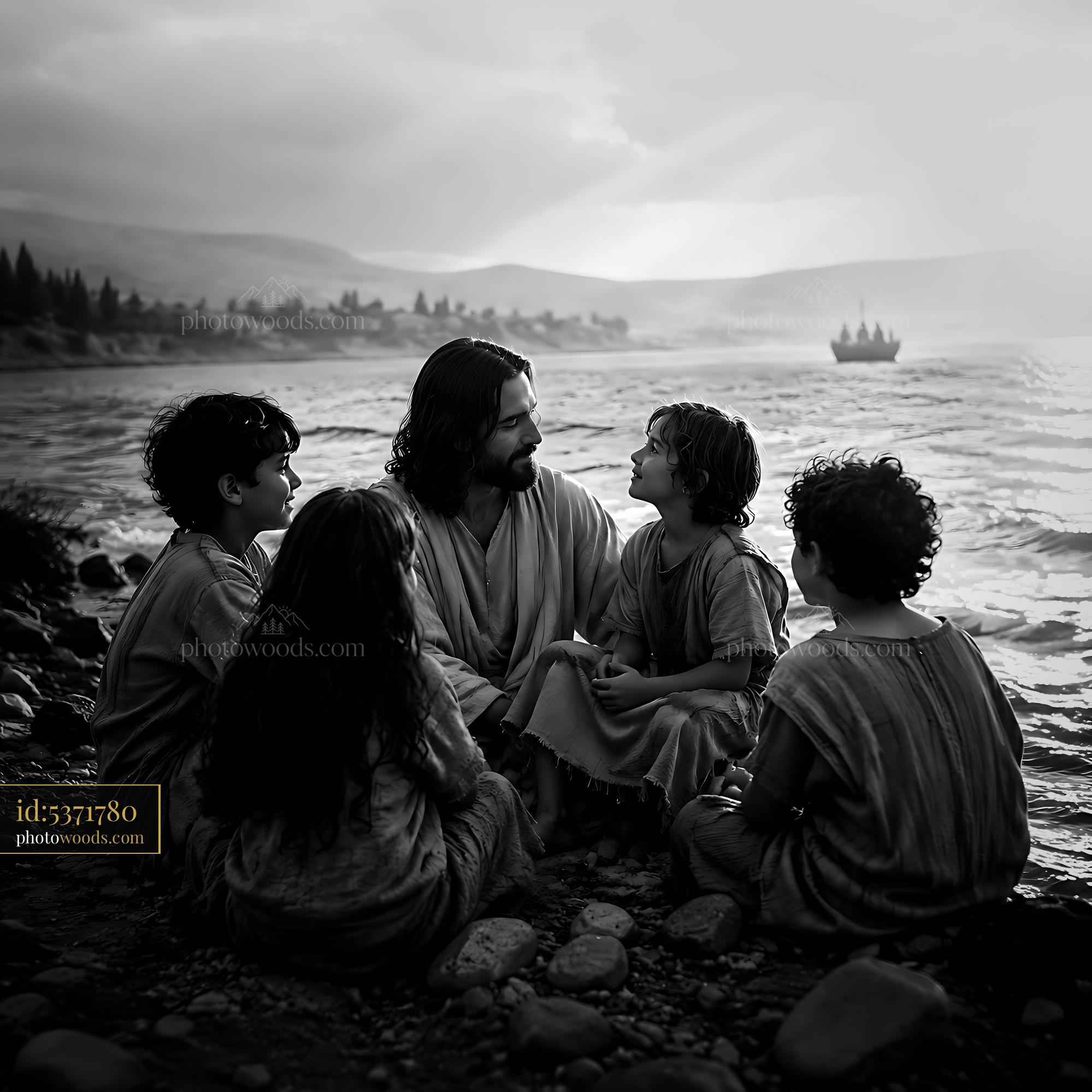 Jesus Teaches Children by the Sea Near a Boat at Sunset