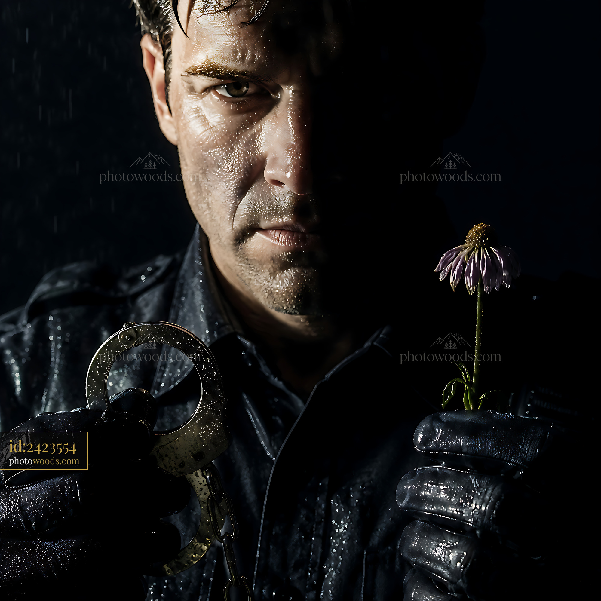 Man in Dark Setting Holds Handcuffs and Flower in Hands