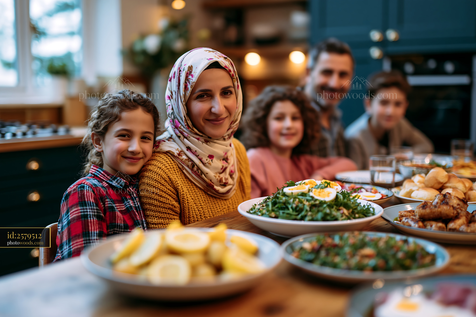 Family Sharing Iftar Dinner With a Variety of Dishes in Cozy Kitchen