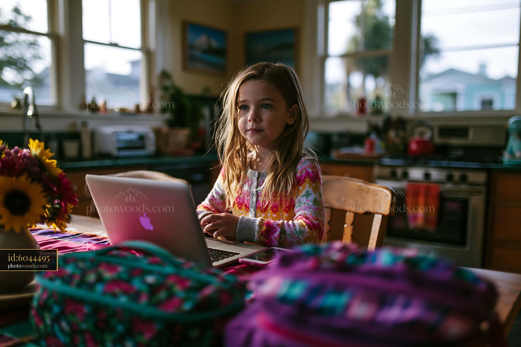 Child Using Laptop at Home With Packed Bags and Flowers