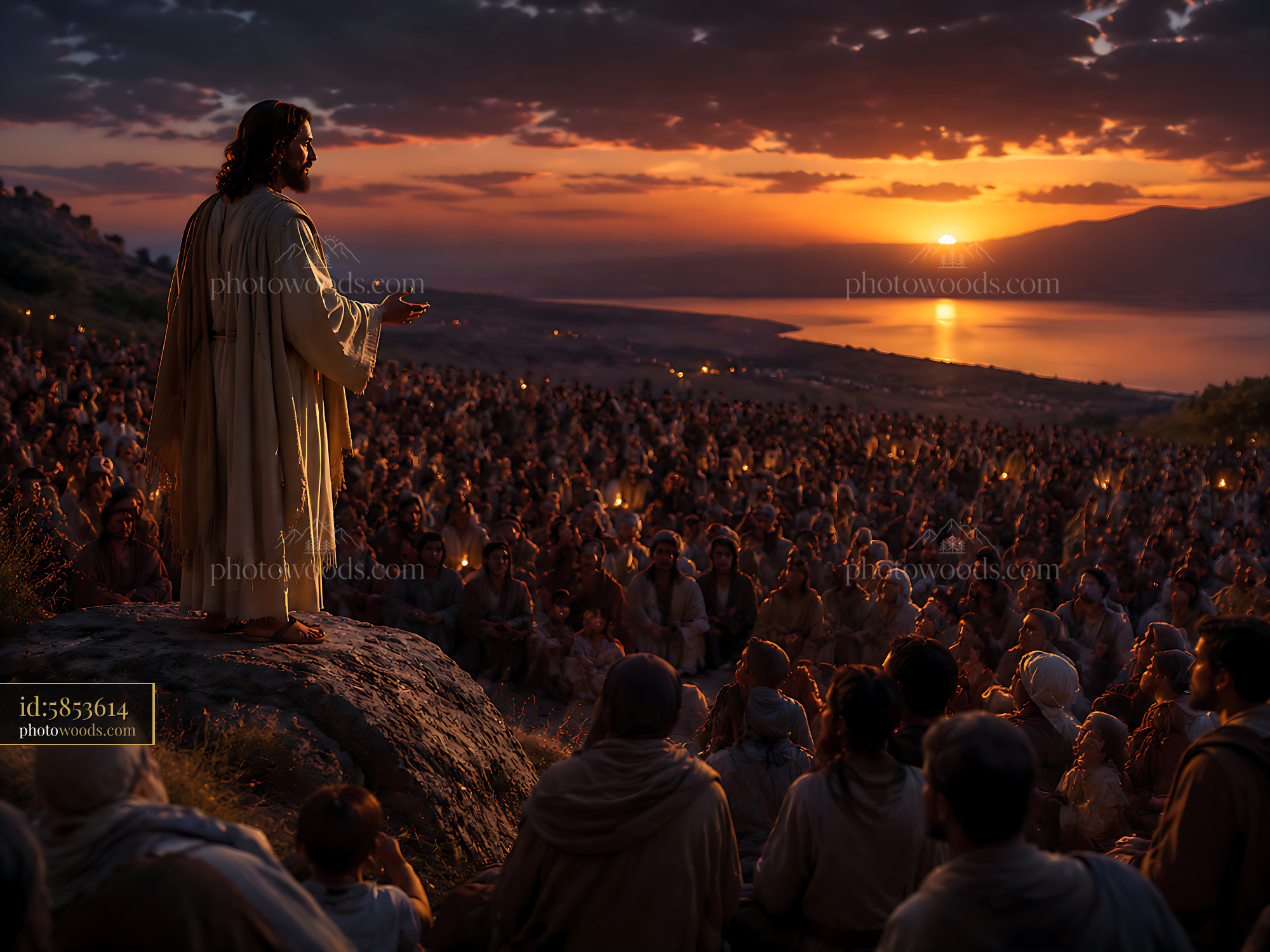 Jesus Speaks to a Large Crowd at Sunset by the Lake Shore
