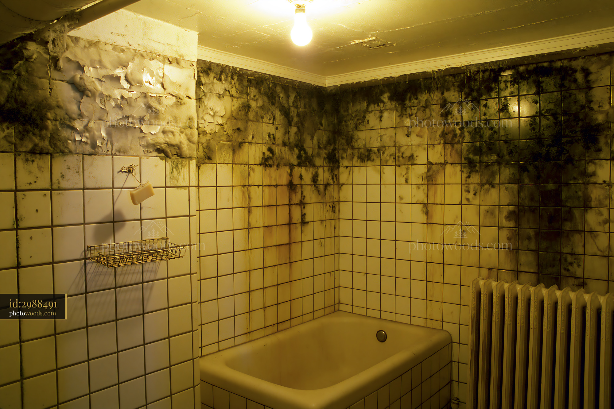 Moldy Bathroom With Broken Tiles and Exposed Radiator