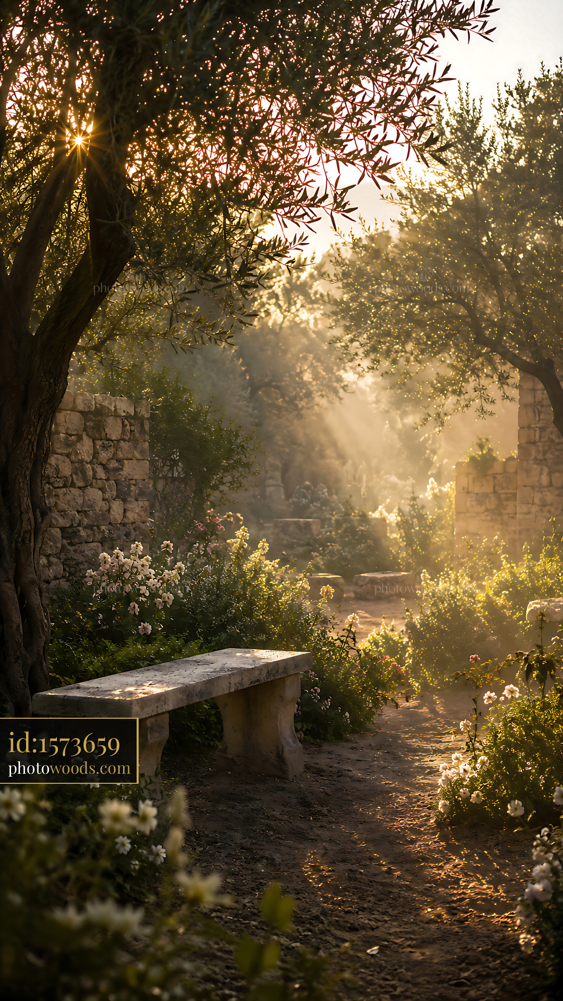 Garden Path Leads to Stone Bench Surrounded by Flowers and Trees