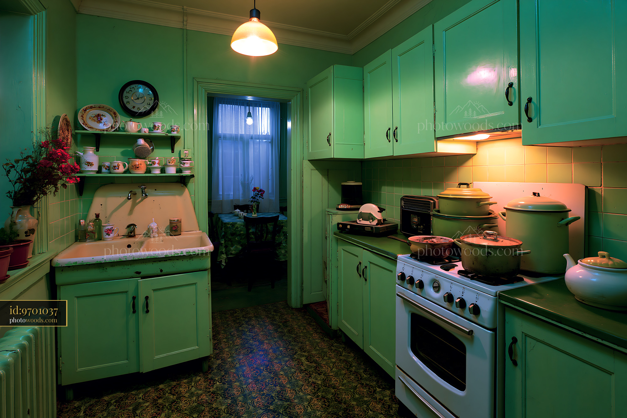 1970s Eastern Bloc Kitchen With Chipped Enamel and Green Cabinets