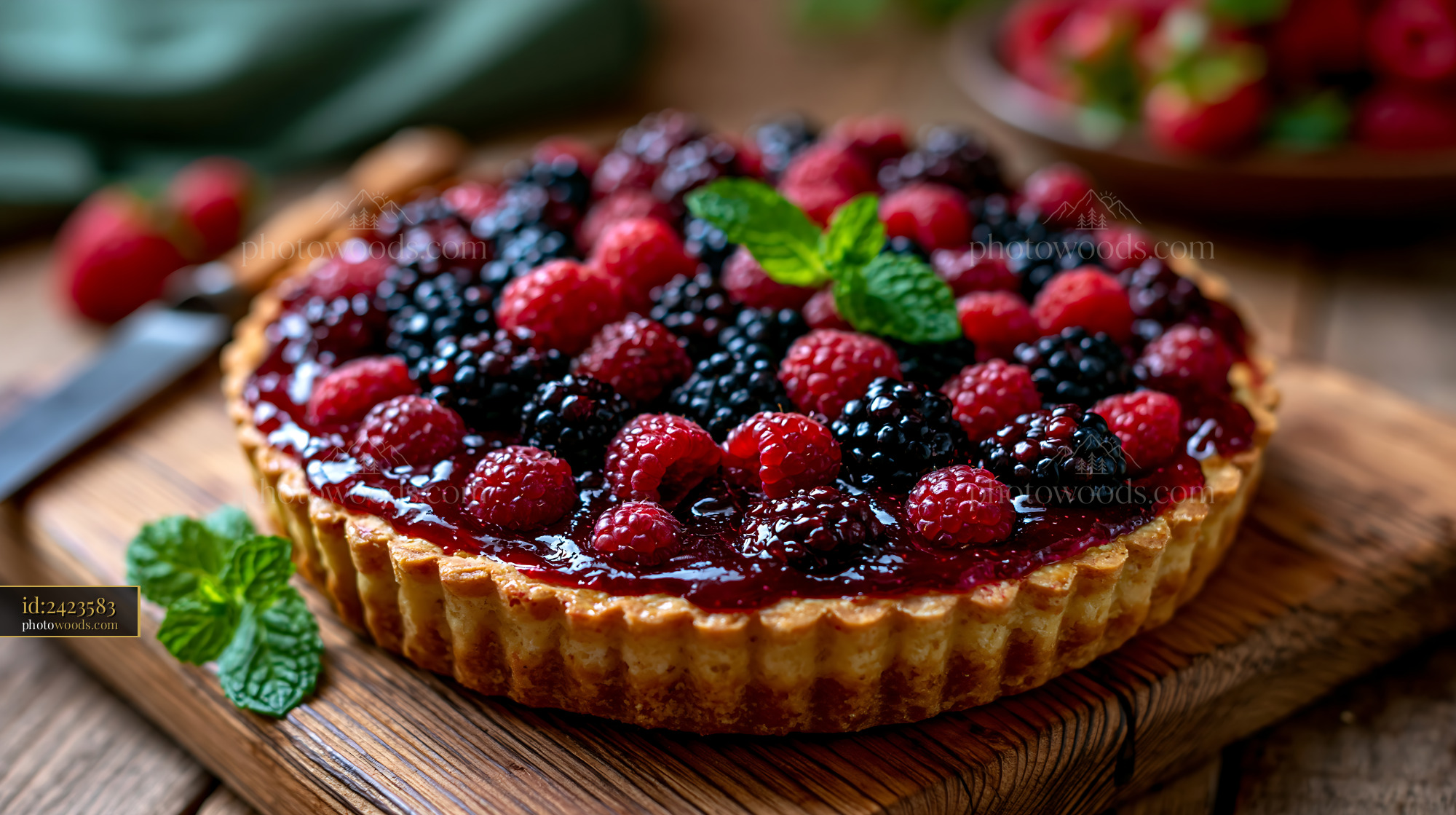 Berry Tart With Raspberry, Blackberry and Mint on Wooden Board