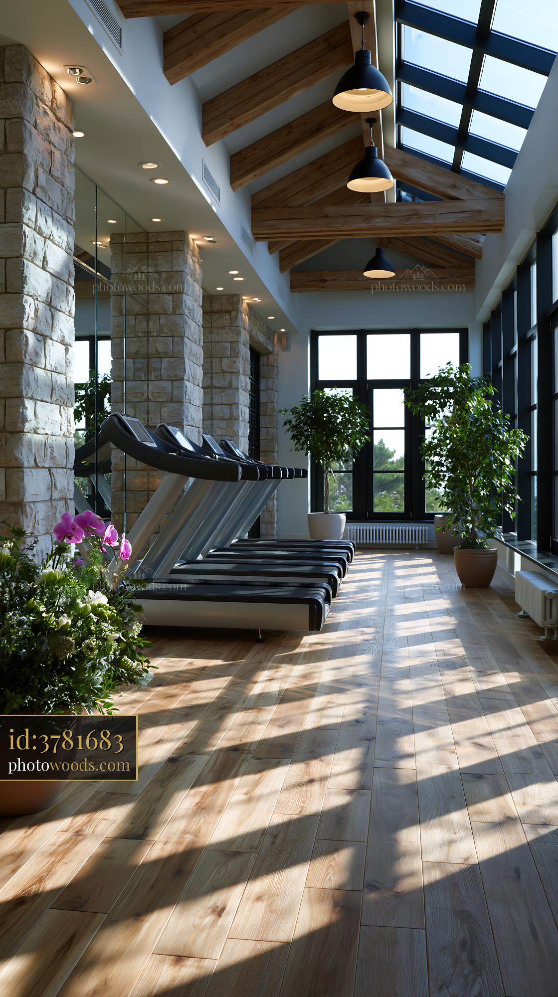 Private Gym With Mirrored Walls by Lakefront in Sunny Daylight